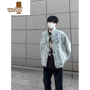 YANXU浅蓝色短款牛仔外套男感痞帅水洗美式牛仔衣褂子潮牌翻领夹克