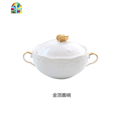 欧式浮燕窝碗描金双耳碗糖水甜品碗蒸蛋碗陶瓷燕窝盅银耳碗汤盅 FENGHOU 画线盖碗+底座+金色勺