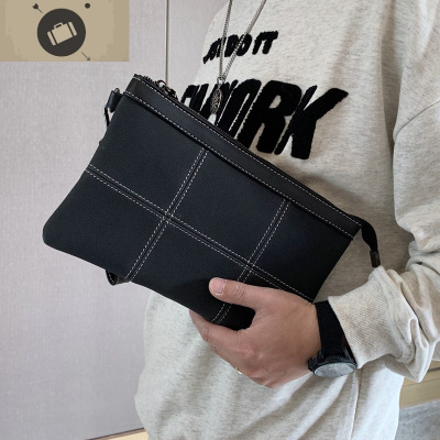 新款韩版男士休闲手拿包潮时尚磨砂皮质手包简约大气格子信封包艾狄伊娃手拿包男黑色