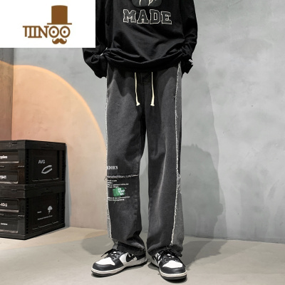 YANXU直筒牛仔裤男秋季新款日系浅色潮牌港风ins高街复古宽松阔腿长裤