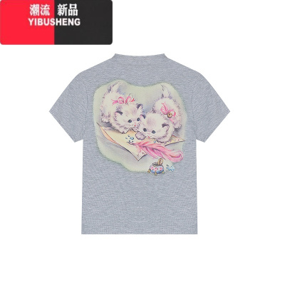 YIBUSHENG辣妹卡通猫咪印花黄色短袖t恤女季短款紧身显瘦多巴胺穿搭上衣