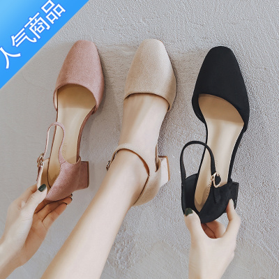 SUNTEK2023年新款夏季百搭一字扣包头凉鞋女中跟粗跟后包鞋子浅口单鞋