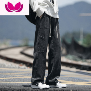 七斓美式复古黑色仔裤男款高街抽绳松紧腰宽松直筒裤大码工装裤子
