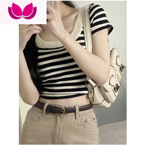 七斓条纹短袖正肩针织t恤女夏季设计感小众修身显瘦甜辣露脐短款上衣