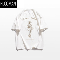 HLCOMAN背面玫瑰印花短袖T恤男生夏季百搭宽松体恤青少年上衣ins