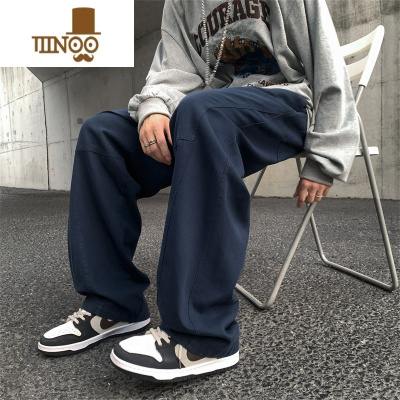 YANXU藏蓝色裤子男潮牌oversize直筒休闲长裤日系cityboy工装裤