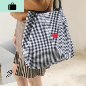 自制日韩爱心小麋鹿森系文艺格子帆布包刺绣学生女购物袋女式包NEW LAKE女士单肩包