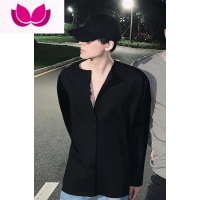 七斓高冷禁欲系无领黑衬衫男意式高级感宽松长袖上衣cityboy免烫衬衣