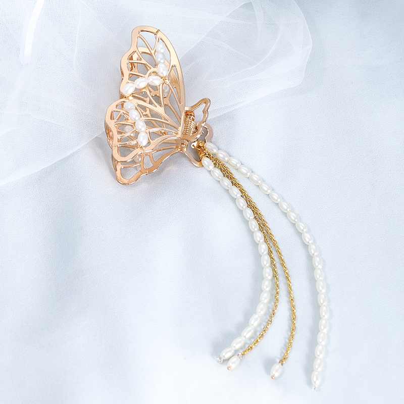 蝴蝶流苏发夹气质金属珍珠吊坠女古风头饰汉服夹子 款式一蝴蝶手工款