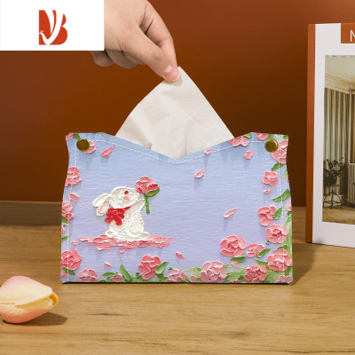 三维工匠中式油画纸巾盒家用客厅餐厅抽纸盒车载房间纸抽收纳家居桌面装饰 兔子捧花-抽纸盒