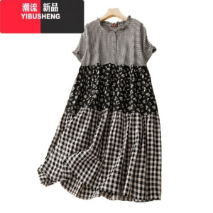 YIBUSHENG季2023新款文艺棉麻格子连衣裙女宽松大码碎花拼接显瘦a字裙子