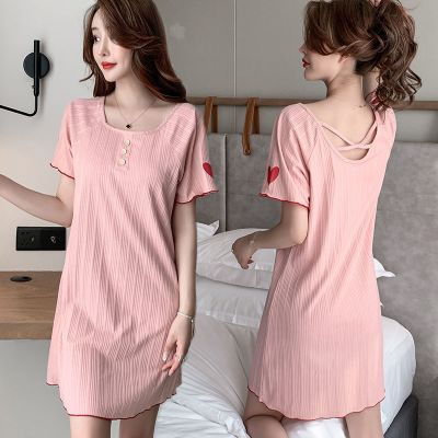 依蓝圣雪睡裙女夏季薄款短袖学生纯棉露背中长裙可爱孕妇宽松网红