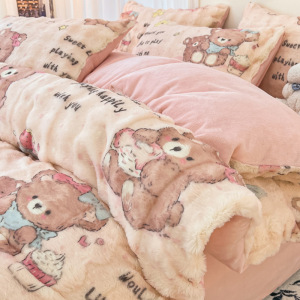 冬季兔毛绒被套单件ins卡通牛奶珊瑚绒床单被罩三四件套单人加厚