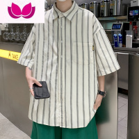七斓港风复古条纹短袖衬衫男夏季日系宽松休闲很仙的衬衣外套