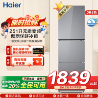 海尔(Haier) 251升无霜变频健康保鲜冰箱 简美三门 自然新鲜 一级变频 黑金净化BCD-251WGHC3E7AS