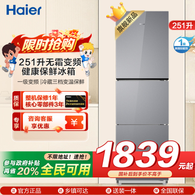海尔(Haier) 251升无霜变频健康保鲜冰箱 简美三门 自然新鲜 一级变频 黑金净化BCD-251WGHC3E7AS