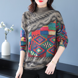 欧洲站设计高端印花半高领羊绒衫毛衣女士宽松春秋2024新款春秋装时尚洋气妈妈上衣针织衫打底衫羊毛衫套头毛衣女装