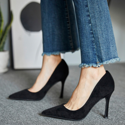 林先森秋季百搭黑色尖头细跟网红高跟鞋性感职业ol女鞋蓝色简约少女单鞋休闲鞋