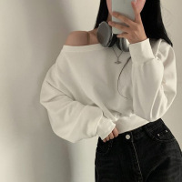 薄款纯色打底衫气质一字领露肩宽松休闲上衣女性感短款长袖卫衣女
