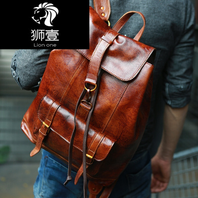 狮壹（Lionone）双肩包男手工复古头层牛皮电脑包男旅行包搽色包手搽咖啡