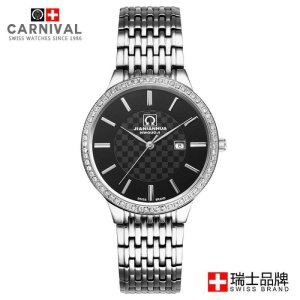 瑞士品牌嘉年华CARNIVAL薄款石英表 男表女表 商务休闲时尚防水男士手表 水钻女士手表 通用石英表情侣表 8576G
