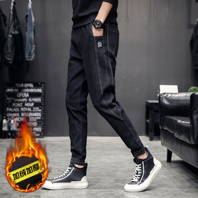 珂卡慕(KEKAMU)牛仔裤男潮牌2020秋季宽松休闲长裤青年韩版九分裤潮流束脚哈伦裤186黑色加绒M