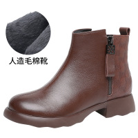真皮圆头短靴女24秋冬新款厚底侧拉链切尔西靴女式皮靴欧美风棉靴