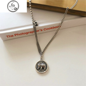 韩国s925纯银大象个性时尚项链女泰银复古做旧圆牌拼接星星毛衣链 JiMi 拼接大象项链