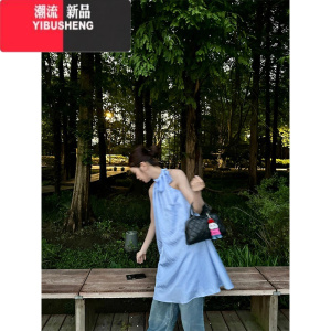 YIBUSHENG陳小腿~Turn left A字蝴蝶结露背系带挂脖连衣裙女大裙摆短裙子