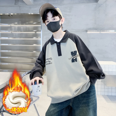 男童加绒加厚卫衣秋冬款新款中大童打底衫冬装儿童长袖polo衫