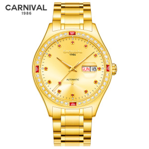 瑞士品牌嘉年华Carnival时尚金色男士手表全金自动机械表 男表双日历进口Miyota机芯腕表防水镶水钻夜光8889G