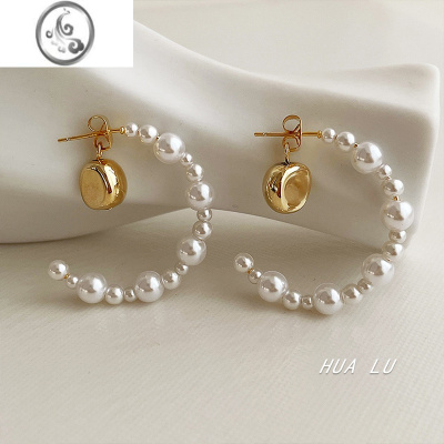 JiMiHUALU-低调华丽 韩国东大门新款珍珠耳圈金豆个性ins气质C形耳环