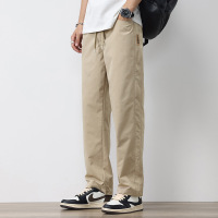 男士日系休闲裤 卡其色抽绳直筒裤 肌理感面料 小标装饰 透气长裤
