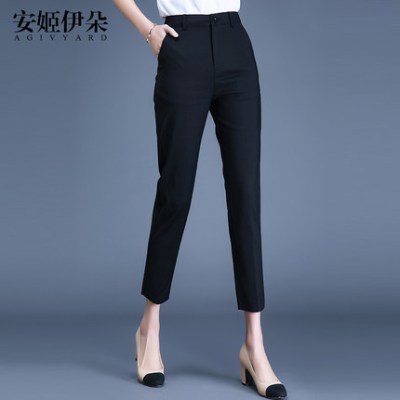 语娄九分西装裤女直筒宽松垂坠感职业女裤春秋高腰烟管裤显瘦黑色裤子2021西裤