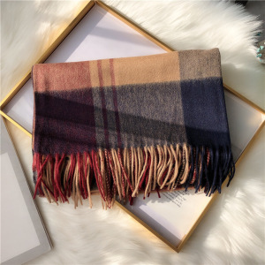 迪鲁奥(DILUAO)同款[新款围巾]纯羊毛围巾女冬季韩版格子色与卡其长款加厚披肩两用 格子藏蓝