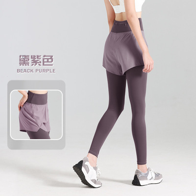 防走光假两件瑜伽裤口袋裤高腰提臀健身裤显瘦收腹瑜伽裤