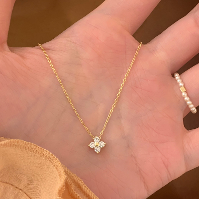 纯银金色锆石四叶草吊坠项链女款2025新款轻奢小众锁骨链颈链送女朋友老婆情人节七夕生日礼物