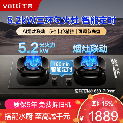 华帝(vatti)燃气灶家用5.2kW 嵌入式定时猛火灶 可调节免扩孔70%热效率 烟灶联动灶具i10309D(天然气)
