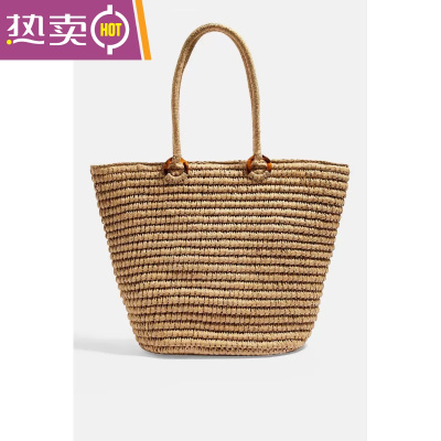 NEWLAKE草编包女ins欧美简约时尚单肩手提大容量夏季度假沙滩包编织包手提包圆环夹筋咖色