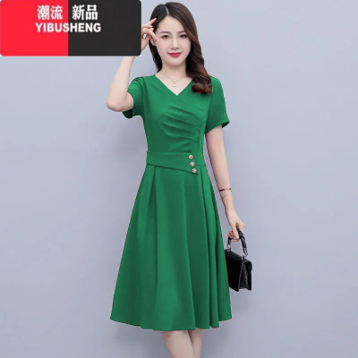 YIBUSHENG装裙子高级感2024季新款女装中年气质V领高端中长款连衣裙女