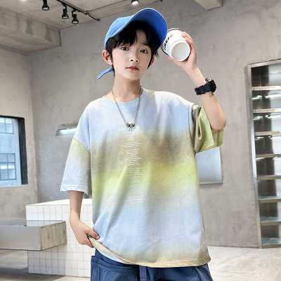 男童夏装短袖套装2026新款大童夏季薄款男孩宽松儿童休闲渐变短袖
