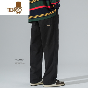 YANXU 宽松直筒阔腿休闲裤男士美式复古黑色长裤百搭老爹裤潮