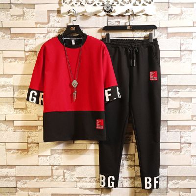 梵克公牛短袖T恤套装男2021夏季新款基础大众流ins牌七分半袖上衣服宽松帅气男士休闲运动套装班服