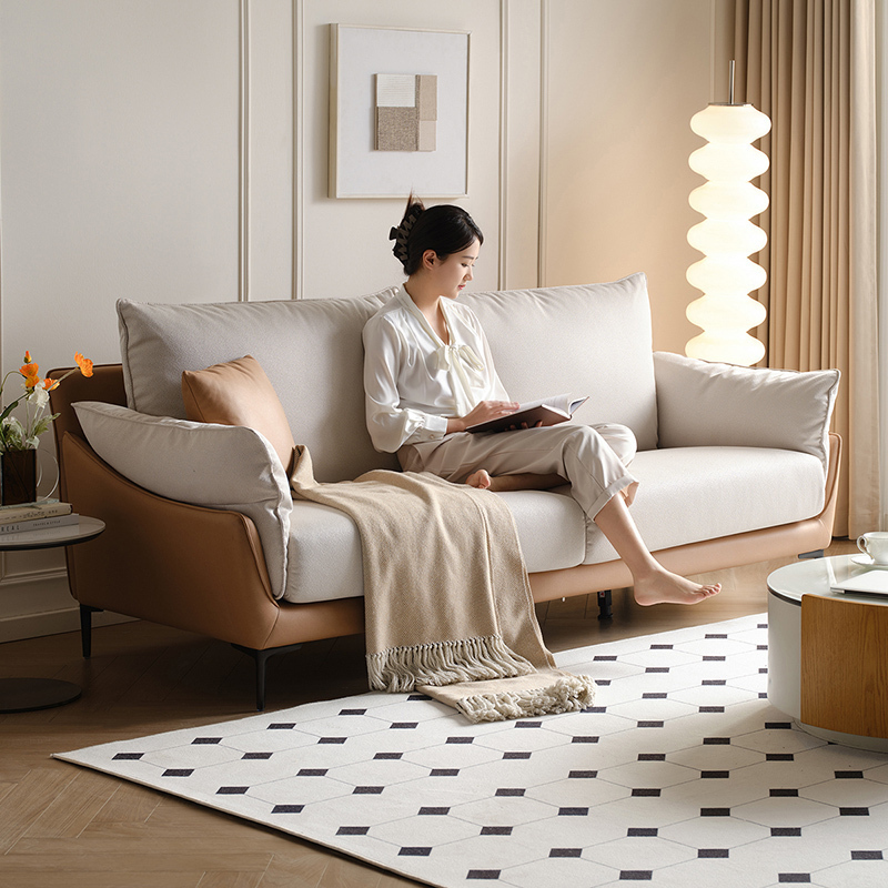 全友家居现代简约四人位直排沙发客厅家用实木框架科技布艺沙发