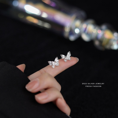 S925纯银双层蝴蝶耳钉女森系小众设计法式小众女生养耳洞耳环代发送女朋友老婆情人节七夕生日礼物