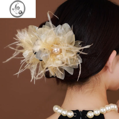 JiMi银欲ins黑色羽毛抓夹鲨鱼夹大号超仙高级感发夹后脑勺盘发夹头饰