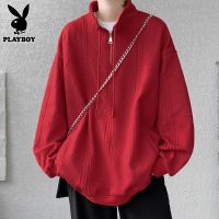 PLAYBOY花花公子美式卫衣男士半拉链宽松衣服春季新款本命年红长袖T恤男