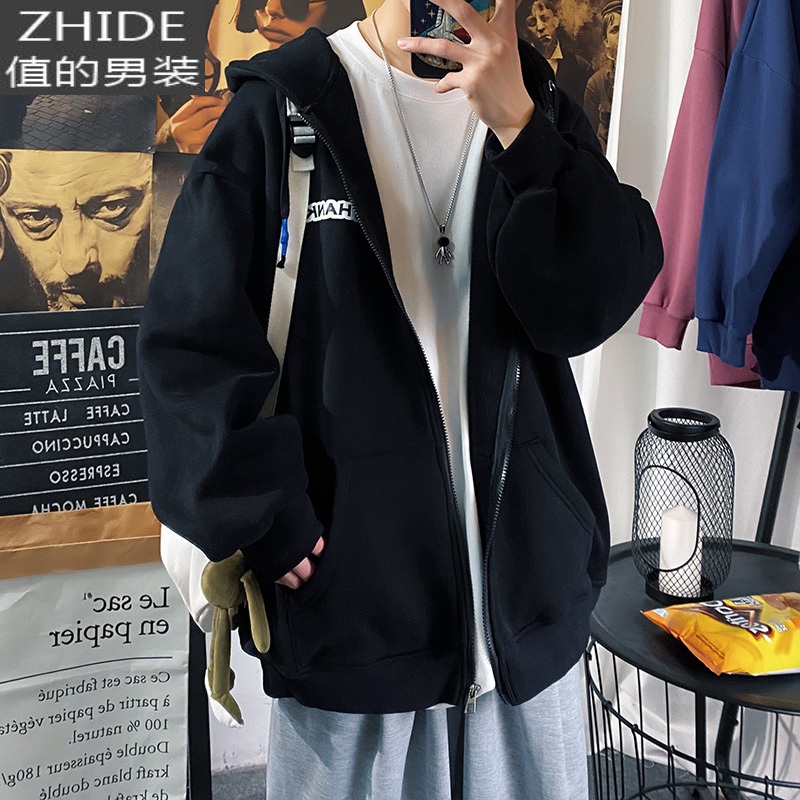 SUNTEK胖子日系卫衣男大码宽松休闲百搭连帽开衫韩版潮春季帅气运动外套卫衣
