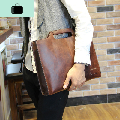 手拿包男包大容量疯马皮定型手提单肩包斜挎包男士休闲商务公文包NEW LAKE 咖啡色收藏送礼品