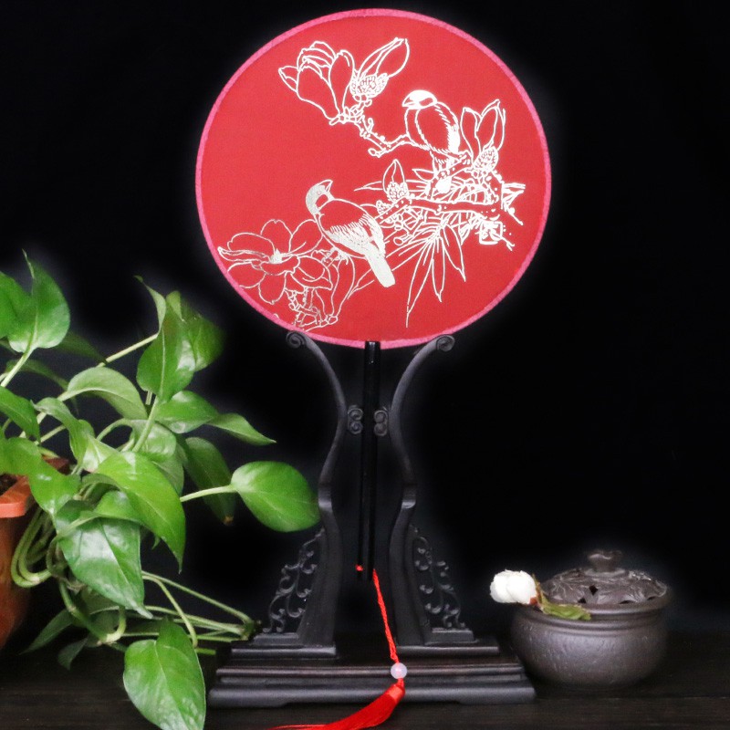 扇烫金圆扇中国苏古典女式长柄舞蹈扇宫廷扇 三维工匠 梅花款-浅粉